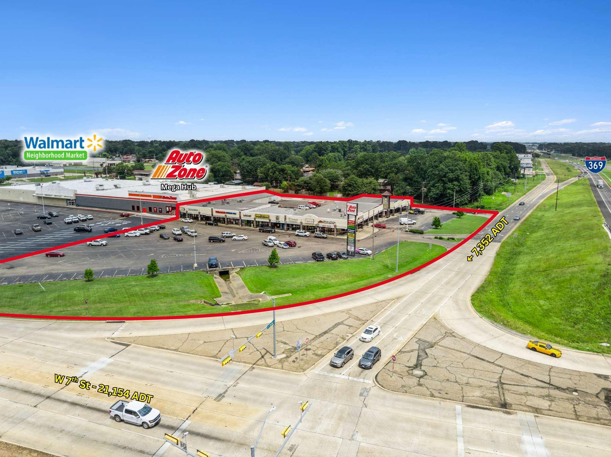 Park West Retail Center — aerial with leasing-flyer location annotations